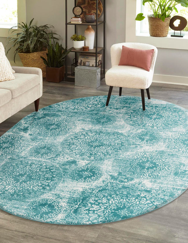 Turquoise 7' 10 x 10' Sofia Oval Area Rug Durable Easy Clean Stain Resistant Unique Carpet for Affordable Interior Home Design for Sale at Rug Engine
