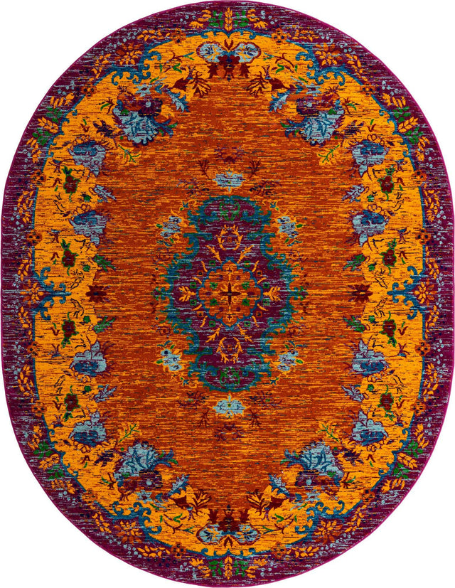 Orange 7' 10 x 10' Calypso Oval Area Rug 100% Polypropylene With Cotton Backing Colorful Vivid Traditional Design Carpet for Living Office Dining Rooms for Sale at Rug Engine