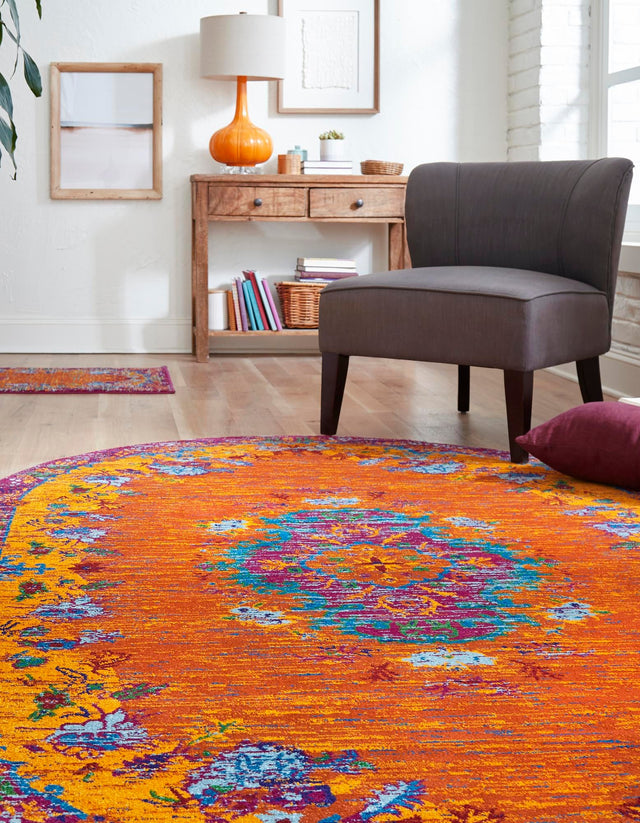 Orange 7' 10 x 10' Calypso Oval Area Rug 100% Polypropylene With Cotton Backing Colorful Vivid Traditional Design Carpet for Living Office Dining Rooms for Sale at Rug Engine