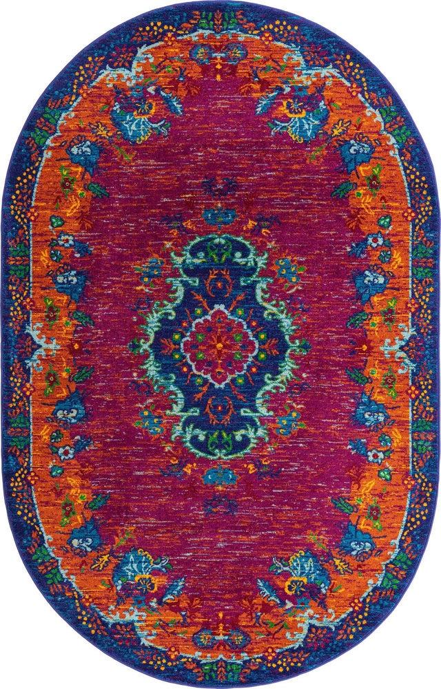 Fuchsia 5' 3 x 8' Calypso Oval Area Rug 100% Polypropylene With Cotton Backing Colorful Vivid Traditional Design Carpet for Living Office Dining Rooms for Sale at Rug Engine