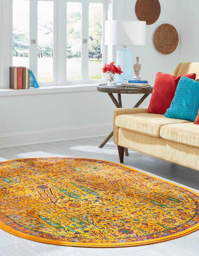 Yellow 7' 10 x 10' Calypso Oval Area Rug 100% Polypropylene With Cotton Backing Colorful Vivid Traditional Design Carpet for Living Office Dining Rooms for Sale at Rug Engine