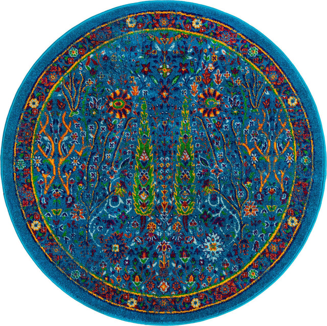 Navy Blue 4' x 4' Calypso Round Area Rug 100% Polypropylene With Cotton Backing Colorful Vivid Traditional Design Carpet for Living Office Dining Rooms for Sale at Rug Engine