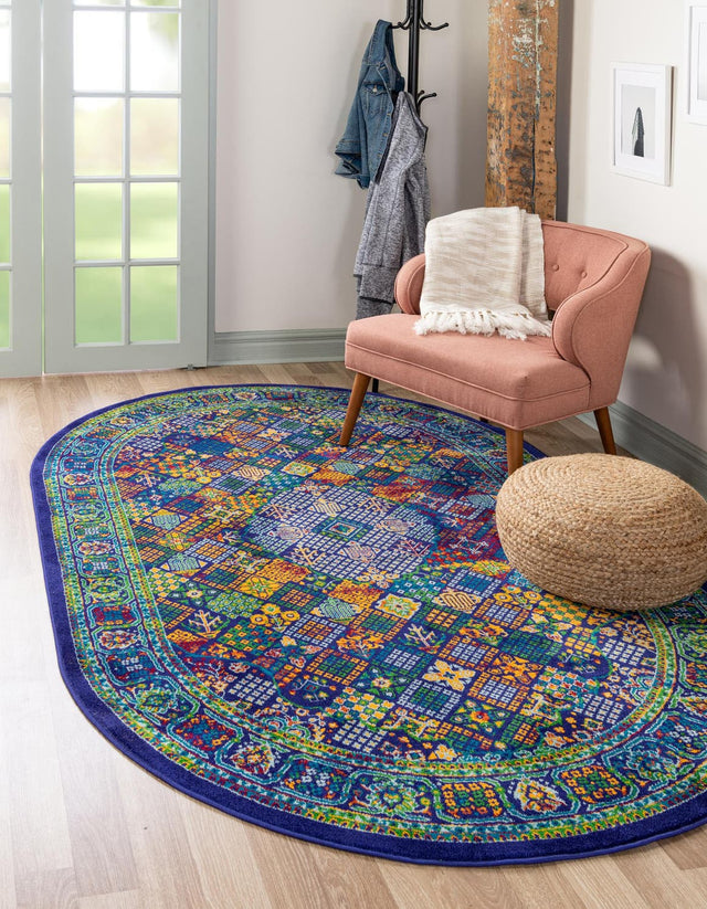 Navy Blue 7' 10 x 10' Calypso Oval Area Rug 100% Polypropylene With Cotton Backing Colorful Vivid Traditional Design Carpet for Living Office Dining Rooms for Sale at Rug Engine