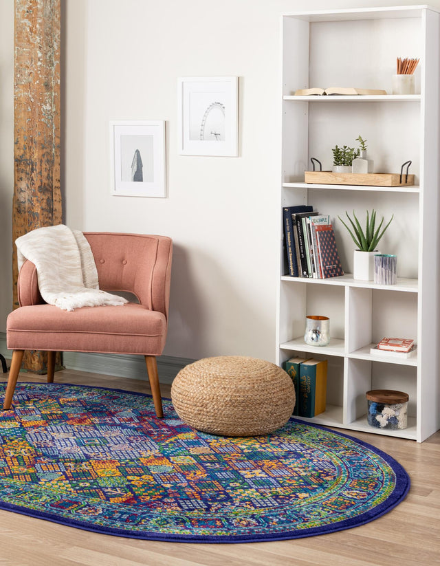 Navy Blue 5' 3 x 8' Calypso Oval Area Rug 100% Polypropylene With Cotton Backing Colorful Vivid Traditional Design Carpet for Living Office Dining Rooms for Sale at Rug Engine
