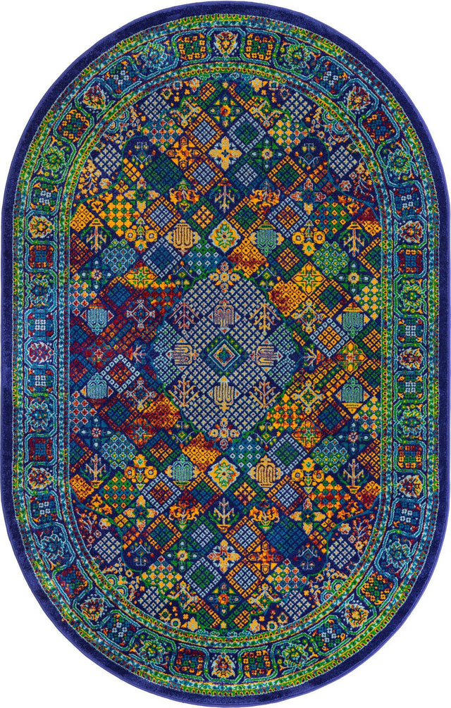 Navy Blue 5' 3 x 8' Calypso Oval Area Rug 100% Polypropylene With Cotton Backing Colorful Vivid Traditional Design Carpet for Living Office Dining Rooms for Sale at Rug Engine