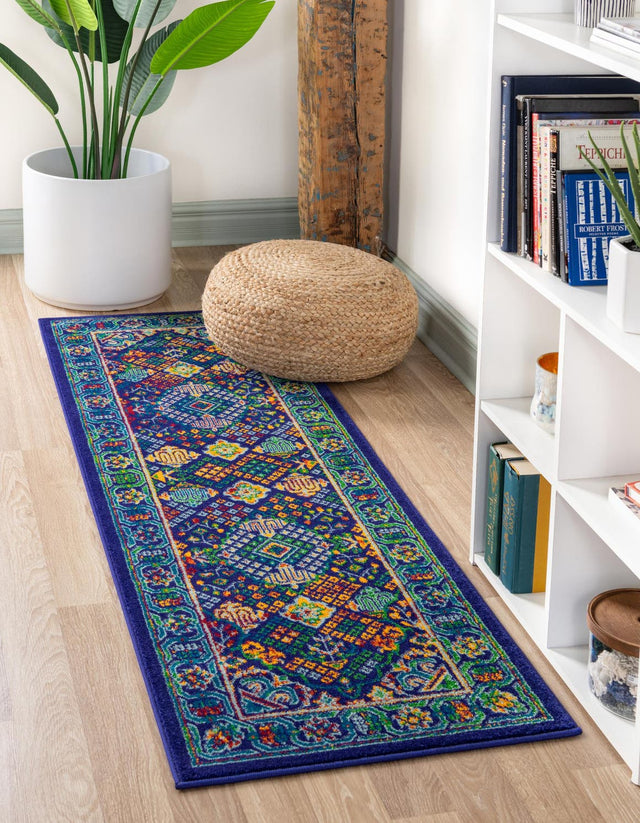Navy Blue 2' x 5' 1 Calypso Runner Area Rug 100% Polypropylene With Cotton Backing Colorful Vivid Traditional Design Carpet for Living Office Dining Rooms for Sale at Rug Engine