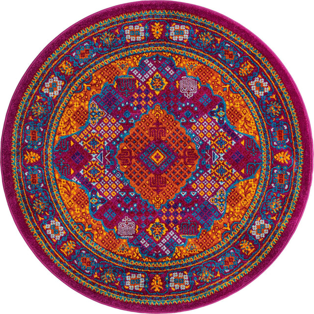 Fuchsia 4' x 4' Calypso Round Area Rug 100% Polypropylene With Cotton Backing Colorful Vivid Traditional Design Carpet for Living Office Dining Rooms for Sale at Rug Engine