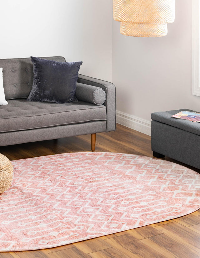 Pink 5' 3 x 8' Bohemian Trellis Oval Area Rug 100% Polypropylene With Cotton Backing Geometric Modern Boho Decor Carpet for Living Rooms Office Dining Kitchen Interior Design for Sale at Rug Engine