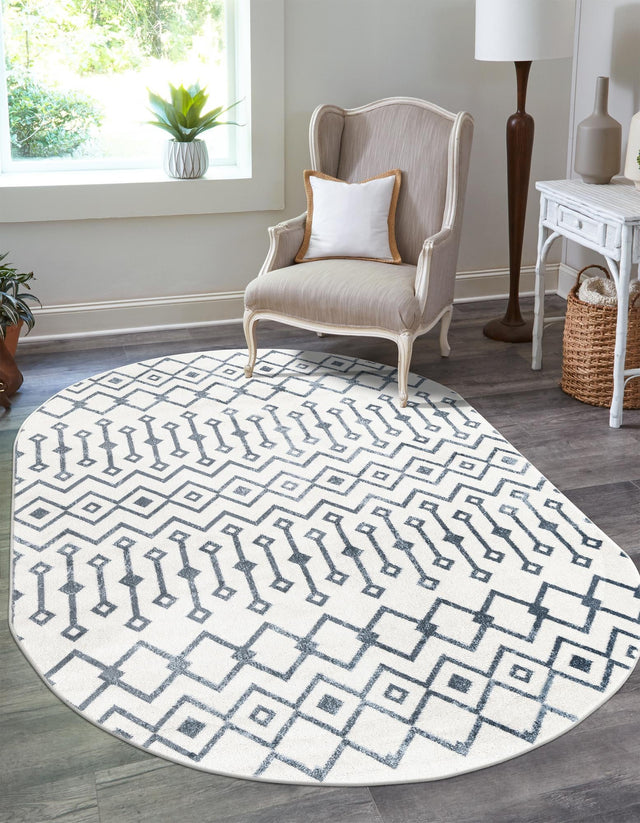Coastal White 5' 3 x 8' Bohemian Trellis Oval Area Rug 100% Polypropylene With Cotton Backing Geometric Modern Boho Decor Carpet for Living Rooms Office Dining Kitchen Interior Design for Sale at Rug Engine