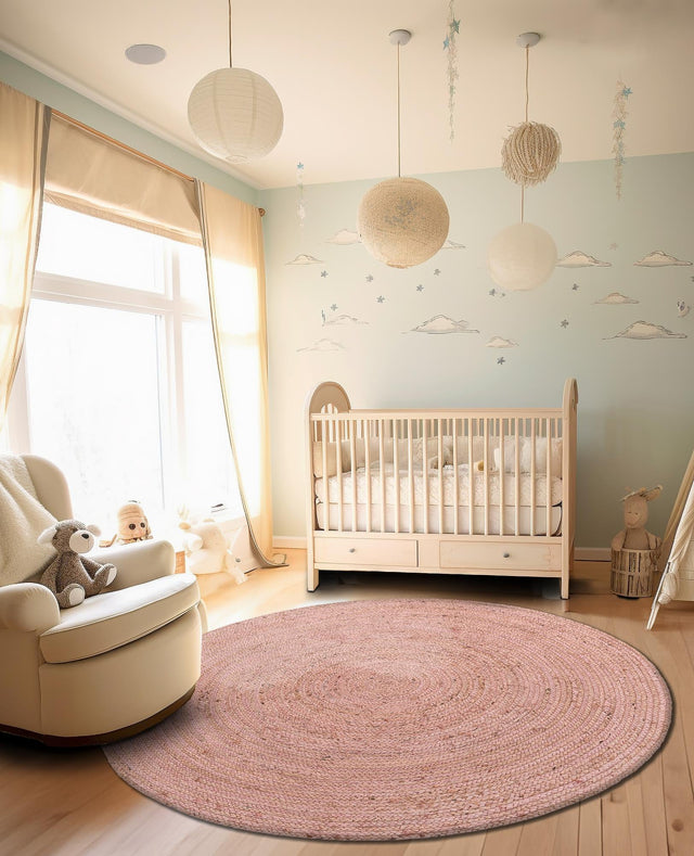 Light Pink 5' 1 x 5' 1 Braided Jute Round Area Rug 100% Jute Hand Braided Natural Eco-Friendly Boho Style Carpet for Living Rooms Dining Office Space Dorms for Sale at Rug Engine