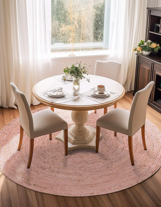 Light Pink 5' 1 x 5' 1 Braided Jute Round Area Rug 100% Jute Hand Braided Natural Eco-Friendly Boho Style Carpet for Living Rooms Dining Office Space Dorms for Sale at Rug Engine