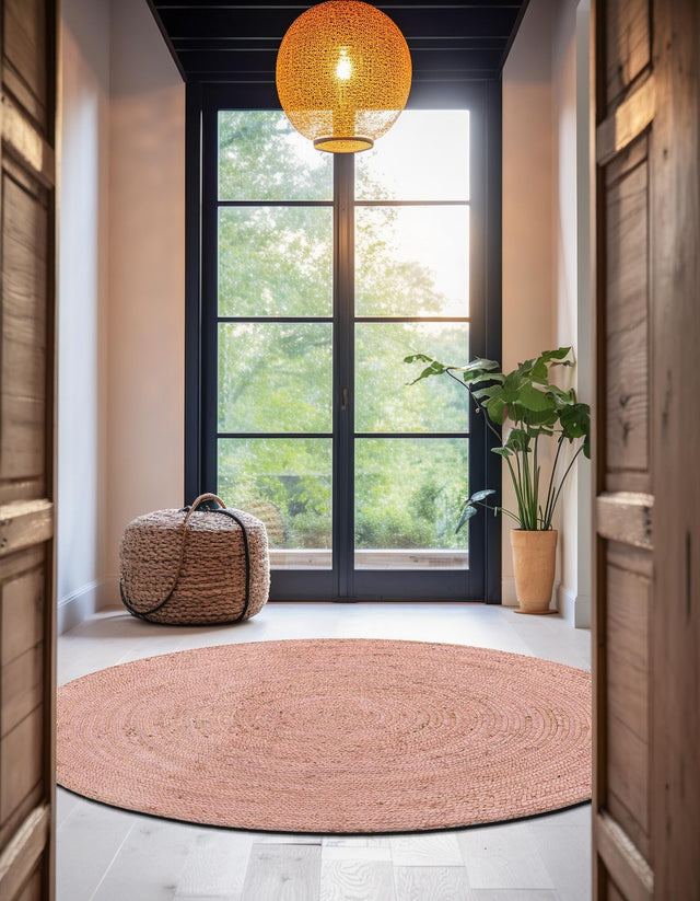 Light Pink 5' 1 x 5' 1 Braided Jute Round Area Rug 100% Jute Hand Braided Natural Eco-Friendly Boho Style Carpet for Living Rooms Dining Office Space Dorms for Sale at Rug Engine