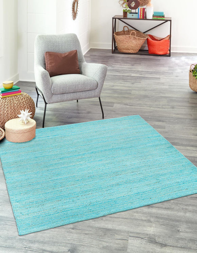 Turquoise 8' x 8' Braided Jute Square Area Rug 100% Jute Hand Braided Natural Eco-Friendly Boho Style Carpet for Living Rooms Dining Office Space Dorms for Sale at Rug Engine