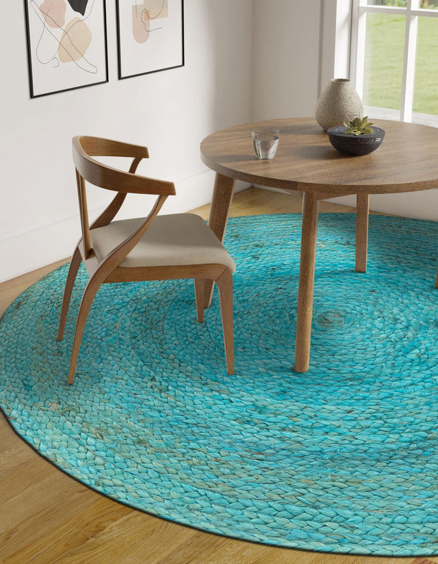 Turquoise 3' 3 x 3' 3 Braided Jute Round Area Rug 100% Jute Hand Braided Natural Eco-Friendly Boho Style Carpet for Living Rooms Dining Office Space Dorms for Sale at Rug Engine