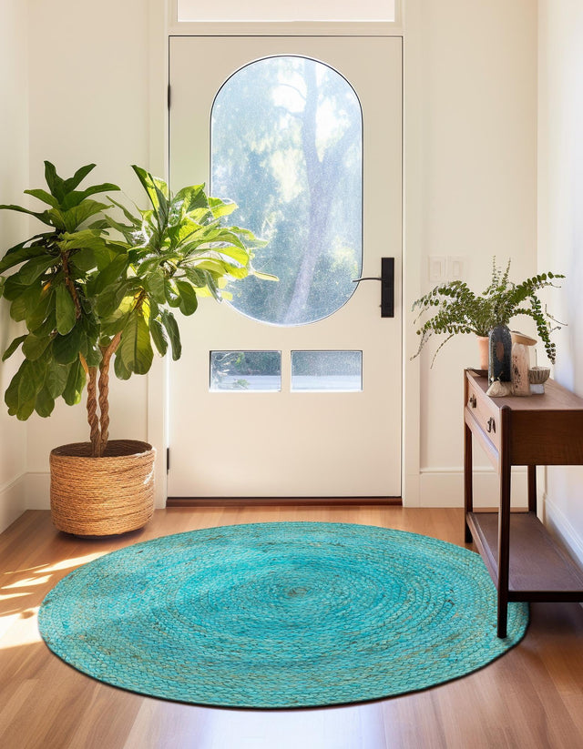 Turquoise 3' 3 x 3' 3 Braided Jute Round Area Rug 100% Jute Hand Braided Natural Eco-Friendly Boho Style Carpet for Living Rooms Dining Office Space Dorms for Sale at Rug Engine