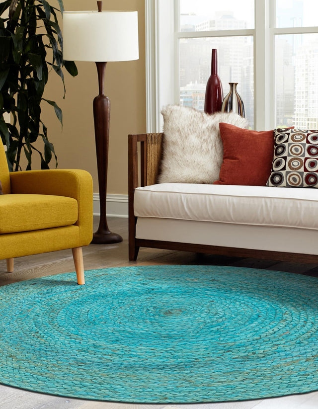 Turquoise 3' 3 x 3' 3 Braided Jute Round Area Rug 100% Jute Hand Braided Natural Eco-Friendly Boho Style Carpet for Living Rooms Dining Office Space Dorms for Sale at Rug Engine