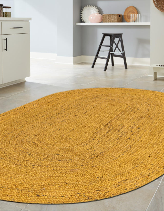 Yellow 5' 1 x 8' Braided Jute Oval Area Rug 100% Jute Hand Braided Natural Eco-Friendly Boho Style Carpet for Living Rooms Dining Office Space Dorms for Sale at Rug Engine