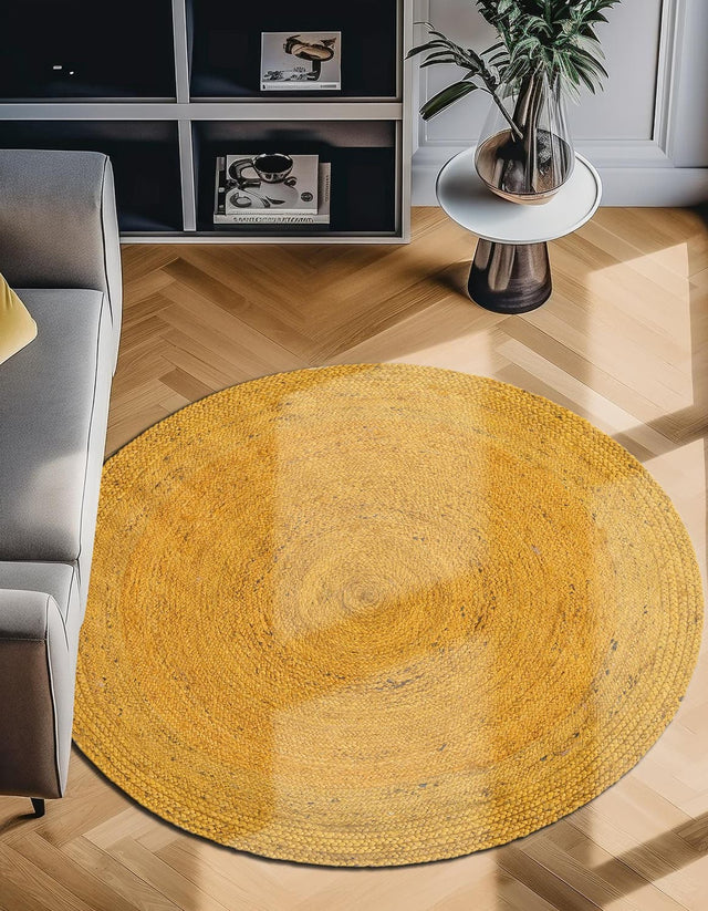 Yellow 8' x 8' Braided Jute Round Area Rug 100% Jute Hand Braided Natural Eco-Friendly Boho Style Carpet for Living Rooms Dining Office Space Dorms for Sale at Rug Engine