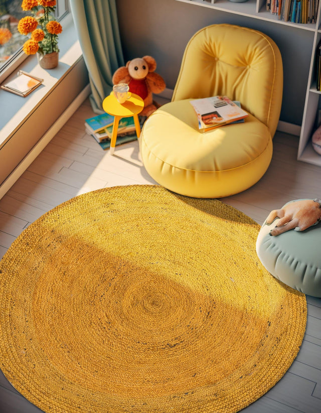 Yellow 3' 3 x 3' 3 Braided Jute Round Area Rug 100% Jute Hand Braided Natural Eco-Friendly Boho Style Carpet for Living Rooms Dining Office Space Dorms for Sale at Rug Engine