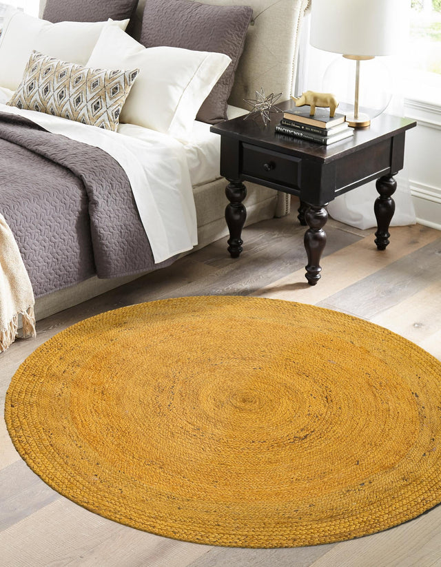 Yellow 8' x 8' Braided Jute Round Area Rug 100% Jute Hand Braided Natural Eco-Friendly Boho Style Carpet for Living Rooms Dining Office Space Dorms for Sale at Rug Engine
