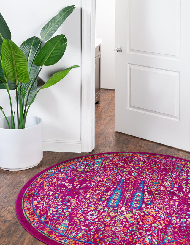 Pink 7' 10 x 7' 10 Calypso Round Area Rug 100% Polypropylene With Cotton Backing Colorful Vivid Traditional Design Carpet for Living Office Dining Rooms for Sale at Rug Engine