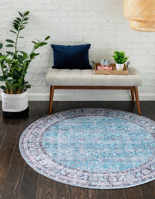 Washable Blue 5' x 5' Timeless Round Area Rug Easy to Clean Stain Resistant & Durable Traditional Classic Vintage Design Carpet for Sale at Rug Engine