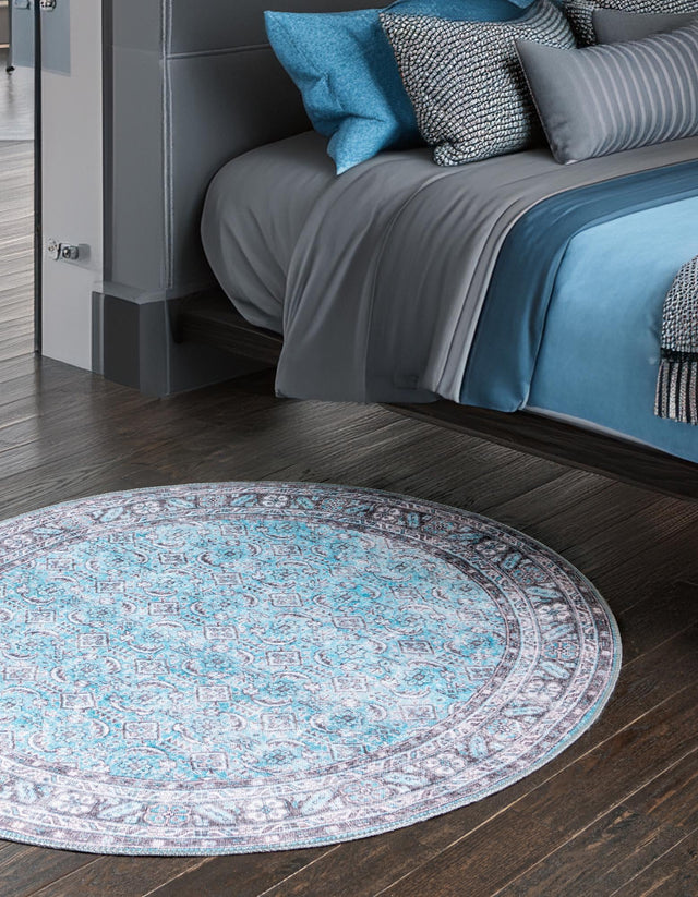 Washable Blue 5' x 5' Timeless Round Area Rug Easy to Clean Stain Resistant & Durable Traditional Classic Vintage Design Carpet for Sale at Rug Engine