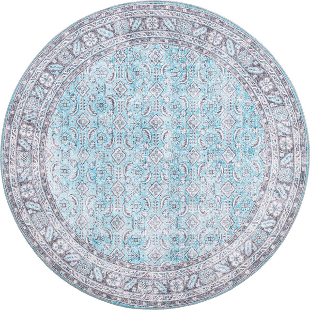 Washable Blue 5' x 5' Timeless Round Area Rug Easy to Clean Stain Resistant & Durable Traditional Classic Vintage Design Carpet for Sale at Rug Engine