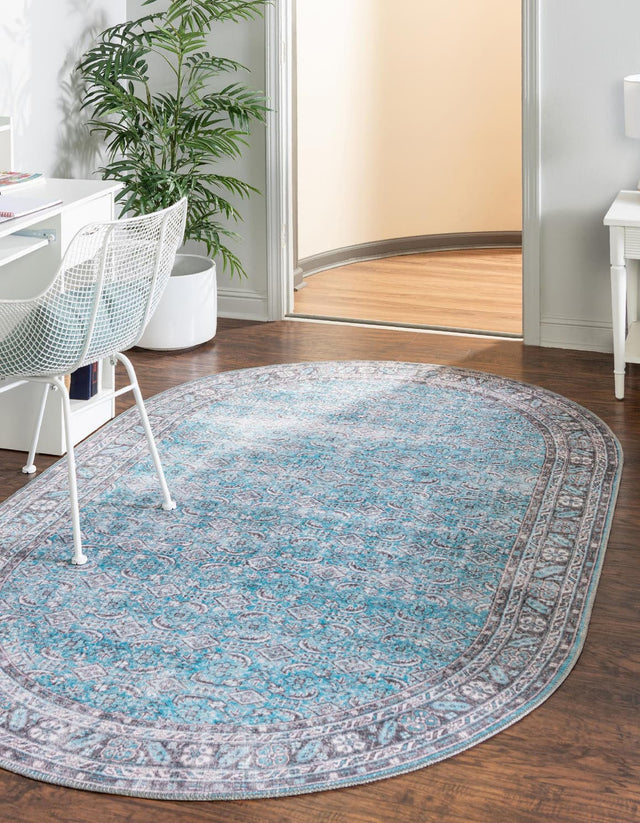 Washable Blue 7' 6 x 10' 6 Timeless Oval Area Rug Easy to Clean Stain Resistant & Durable Traditional Classic Vintage Design Carpet for Sale at Rug Engine