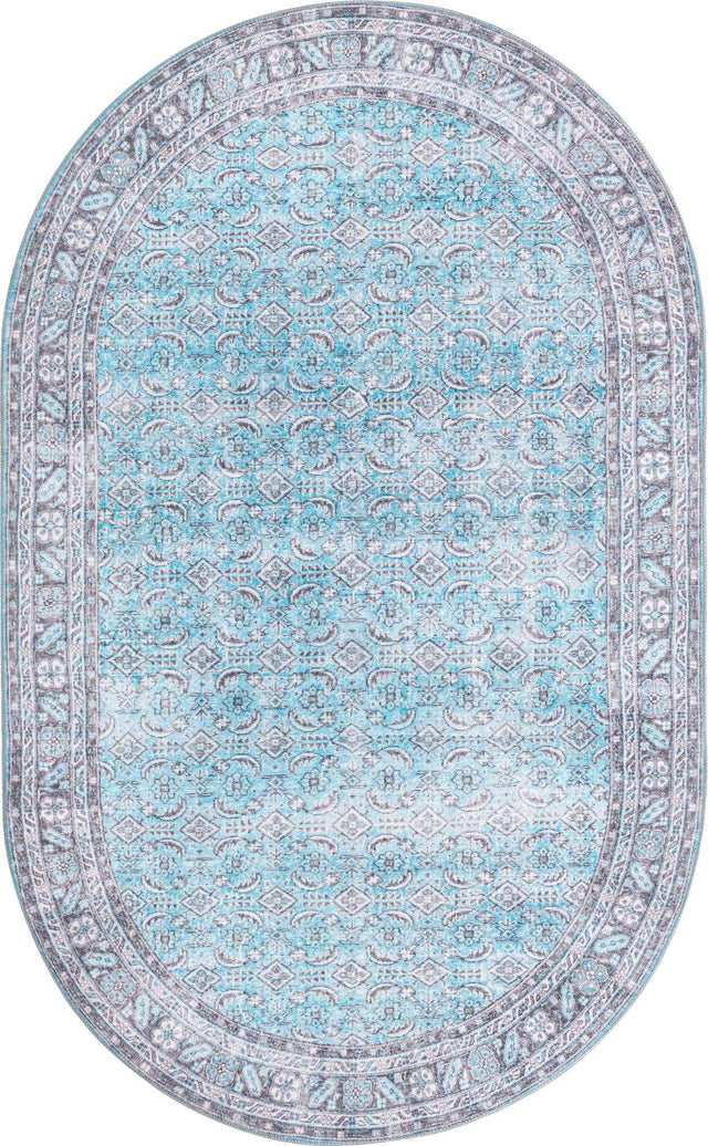 Washable Blue 5' x 8' Timeless Oval Area Rug Easy to Clean Stain Resistant & Durable Traditional Classic Vintage Design Carpet for Sale at Rug Engine