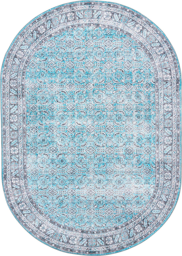 Washable Blue 7' 6 x 10' 6 Timeless Oval Area Rug Easy to Clean Stain Resistant & Durable Traditional Classic Vintage Design Carpet for Sale at Rug Engine