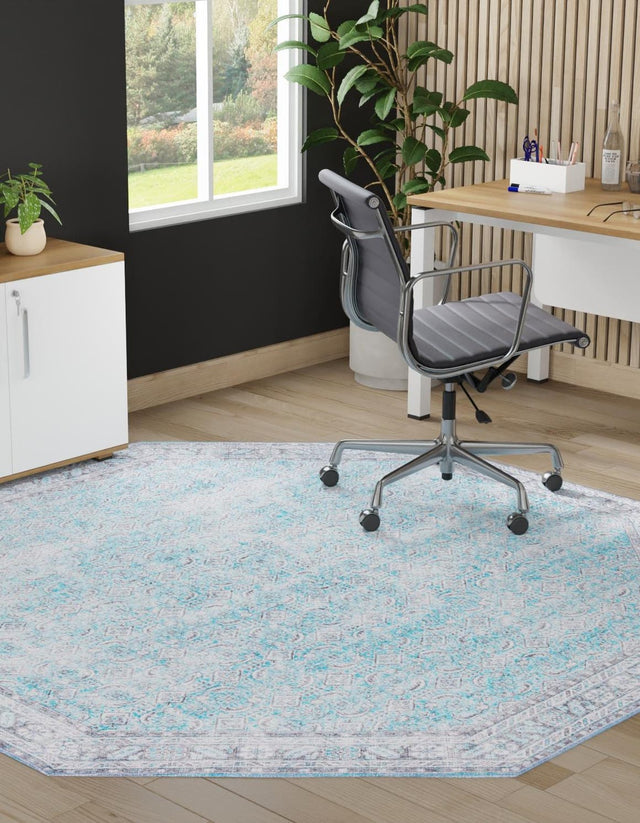 Washable Blue 7' 6 x 7' 6 Timeless Octagon Area Rug Easy to Clean Stain Resistant & Durable Traditional Classic Vintage Design Carpet for Sale at Rug Engine