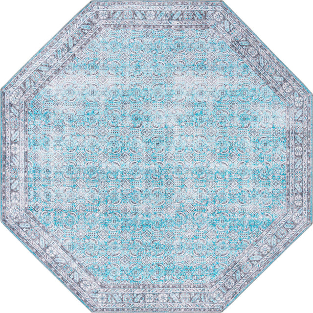 Washable Blue 7' 6 x 7' 6 Timeless Octagon Area Rug Easy to Clean Stain Resistant & Durable Traditional Classic Vintage Design Carpet for Sale at Rug Engine
