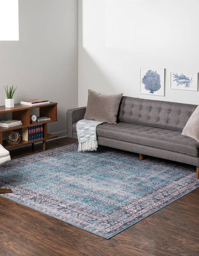 Washable Blue 7' 6 x 7' 6 Timeless Square Area Rug Easy to Clean Stain Resistant & Durable Traditional Classic Vintage Design Carpet for Sale at Rug Engine