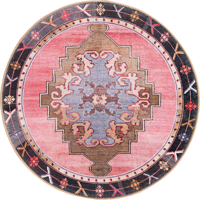Washable Pink 3' 6 x 3' 6 Timeless Round Area Rug Easy to Clean Stain Resistant & Durable Traditional Classic Vintage Design Carpet for Sale at Rug Engine