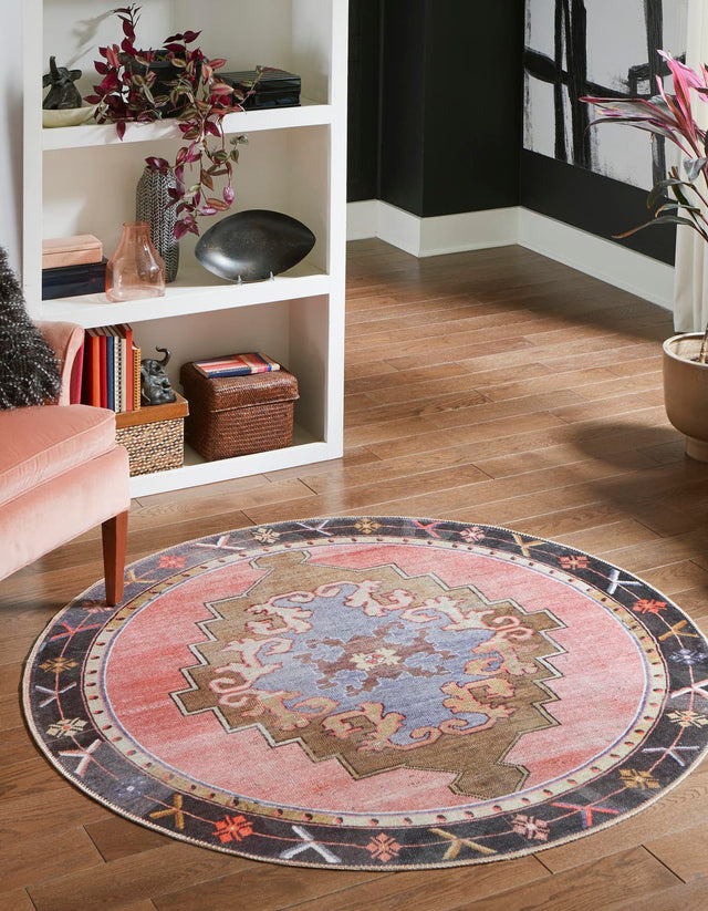 Washable Pink 3' 6 x 3' 6 Timeless Round Area Rug Easy to Clean Stain Resistant & Durable Traditional Classic Vintage Design Carpet for Sale at Rug Engine