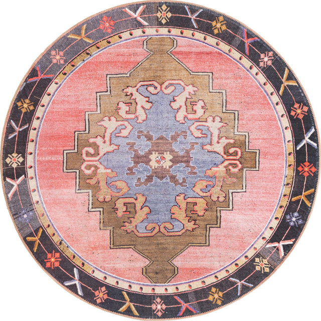 Washable Pink 5' x 5' Timeless Round Area Rug Easy to Clean Stain Resistant & Durable Traditional Classic Vintage Design Carpet for Sale at Rug Engine