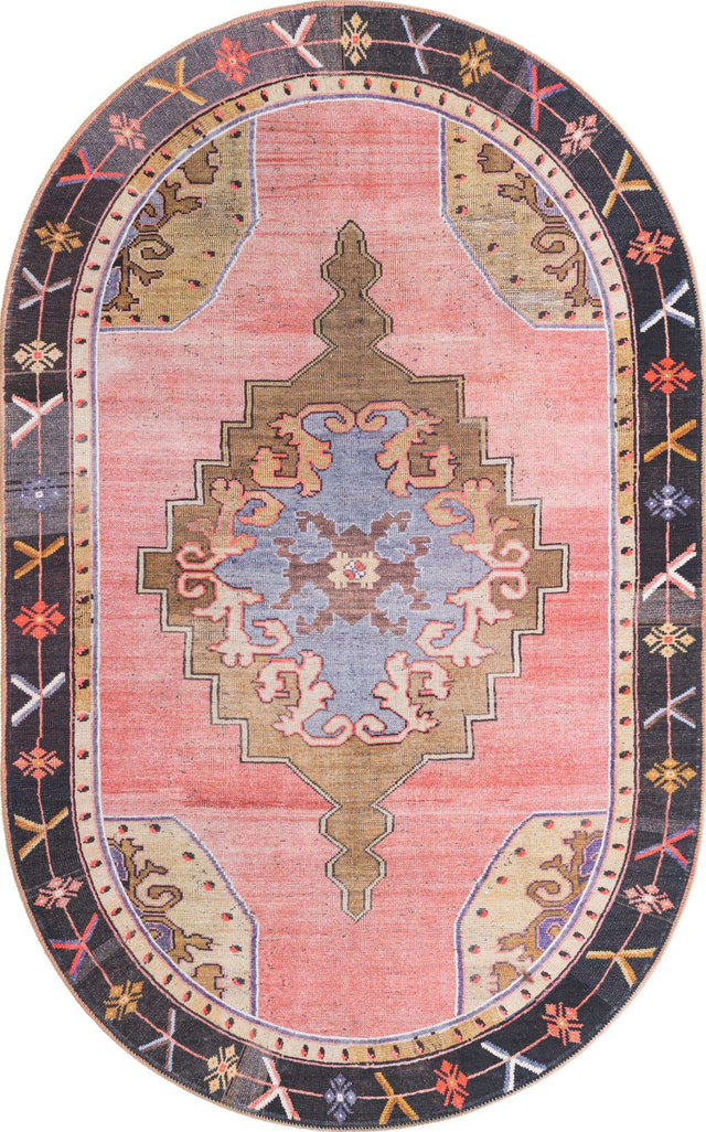 Washable Pink 5' x 8' Timeless Oval Area Rug Easy to Clean Stain Resistant & Durable Traditional Classic Vintage Design Carpet for Sale at Rug Engine