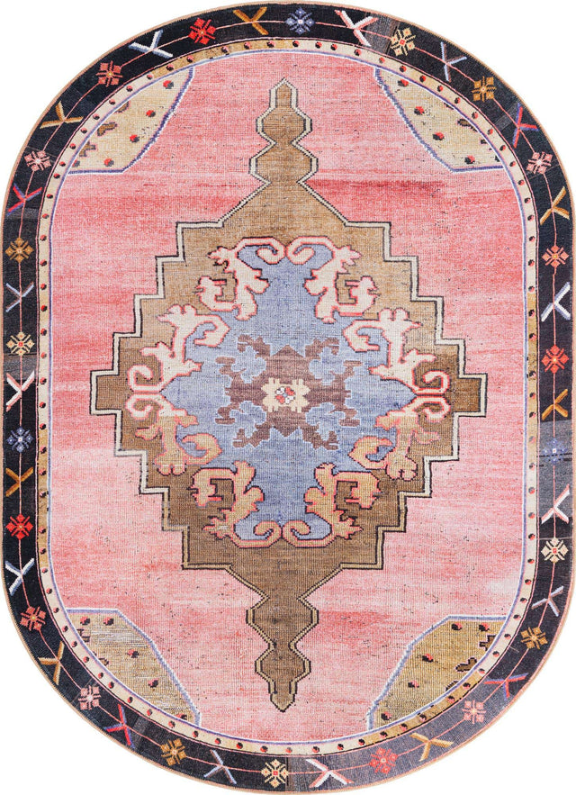 Washable Pink 7' 6 x 10' 6 Timeless Oval Area Rug Easy to Clean Stain Resistant & Durable Traditional Classic Vintage Design Carpet for Sale at Rug Engine