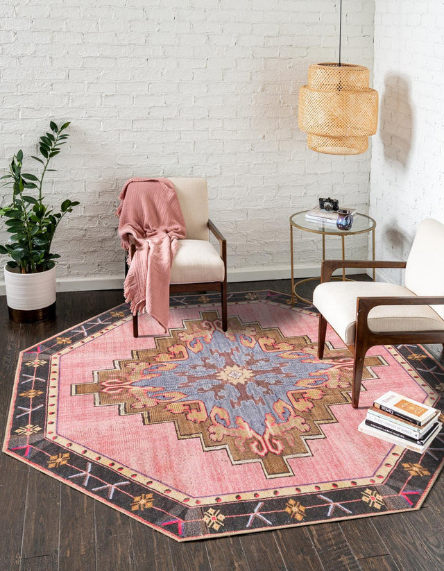 Washable Pink 7' 6 x 7' 6 Timeless Octagon Area Rug Easy to Clean Stain Resistant & Durable Traditional Classic Vintage Design Carpet for Sale at Rug Engine