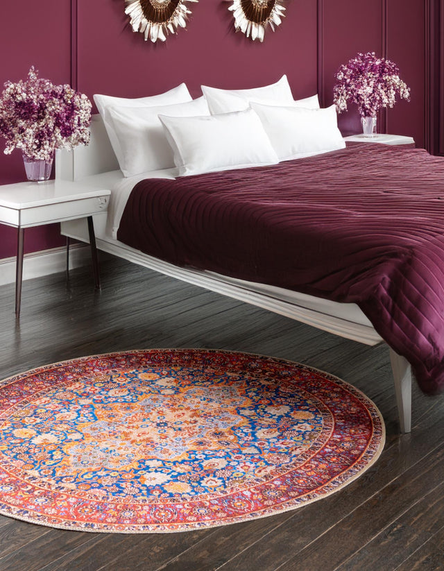Washable Navy Blue 3' 6 x 3' 6 Timeless Round Area Rug Easy to Clean Stain Resistant & Durable Traditional Classic Vintage Design Carpet for Sale at Rug Engine