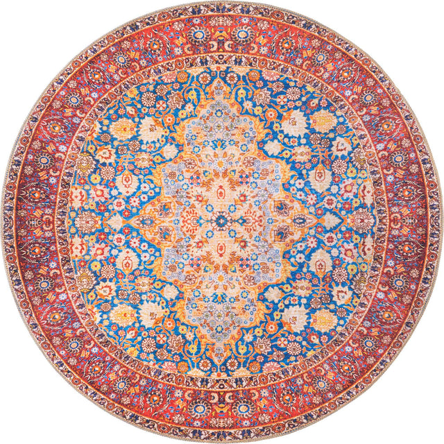 Washable Navy Blue 5' x 5' Timeless Round Area Rug Easy to Clean Stain Resistant & Durable Traditional Classic Vintage Design Carpet for Sale at Rug Engine