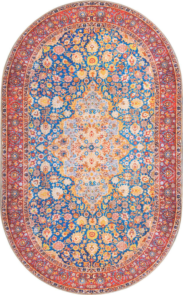 Washable Navy Blue 5' x 8' Timeless Oval Area Rug Easy to Clean Stain Resistant & Durable Traditional Classic Vintage Design Carpet for Sale at Rug Engine