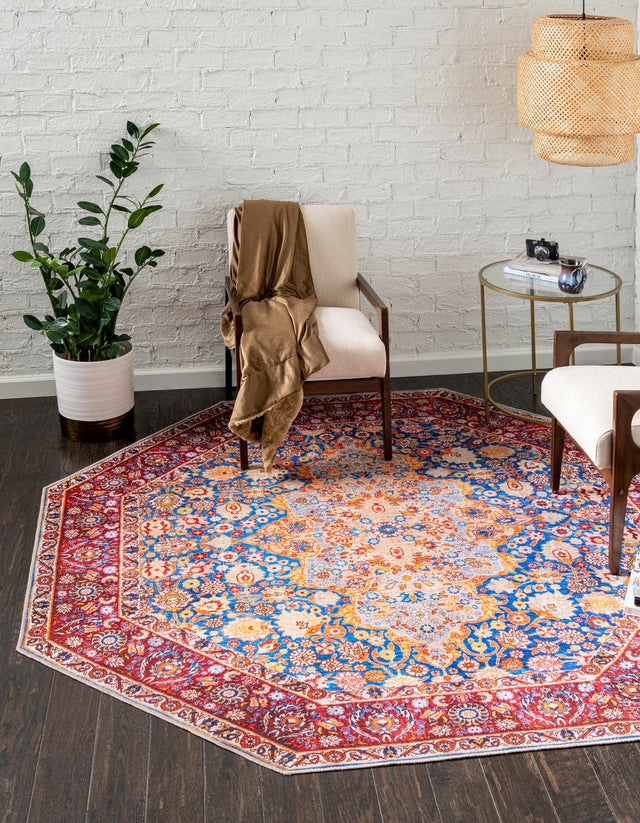 Washable Navy Blue 7' 6 x 7' 6 Timeless Octagon Area Rug Easy to Clean Stain Resistant & Durable Traditional Classic Vintage Design Carpet for Sale at Rug Engine