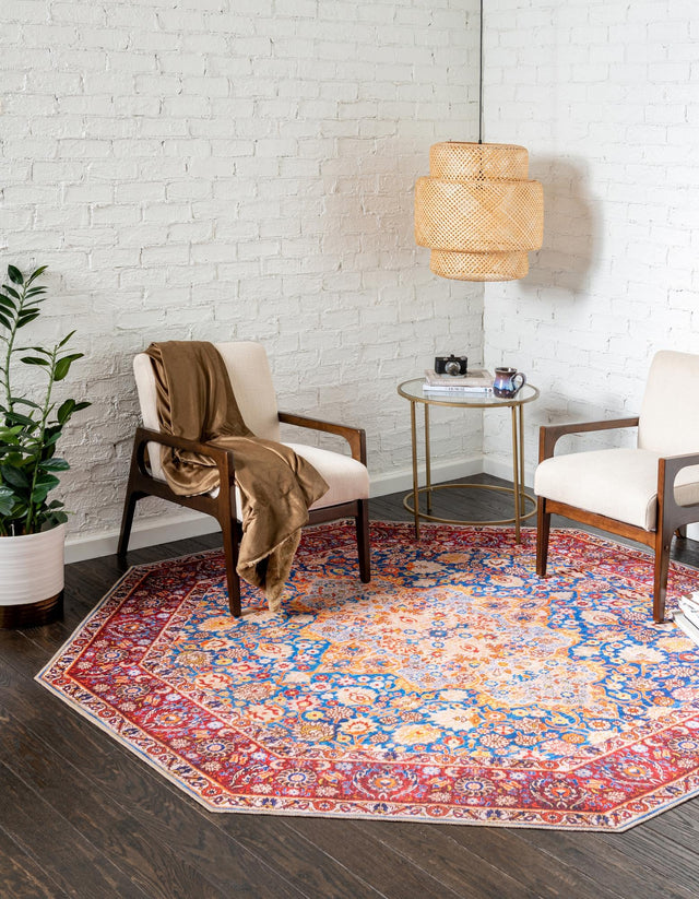 Washable Navy Blue 7' 6 x 7' 6 Timeless Octagon Area Rug Easy to Clean Stain Resistant & Durable Traditional Classic Vintage Design Carpet for Sale at Rug Engine