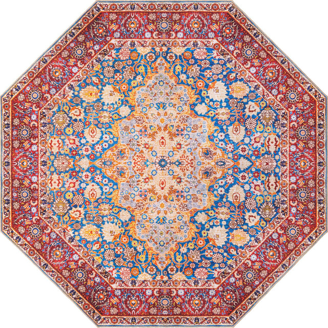 Washable Navy Blue 7' 6 x 7' 6 Timeless Octagon Area Rug Easy to Clean Stain Resistant & Durable Traditional Classic Vintage Design Carpet for Sale at Rug Engine
