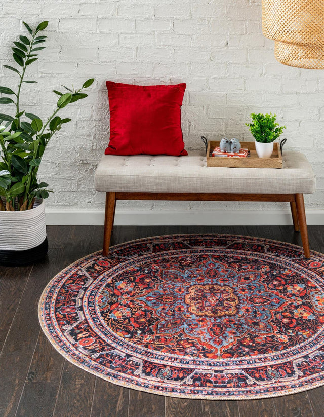 Washable Burgundy 7' 7 x 7' 7 Timeless Round Area Rug Easy to Clean Stain Resistant & Durable Traditional Classic Vintage Design Carpet for Sale at Rug Engine