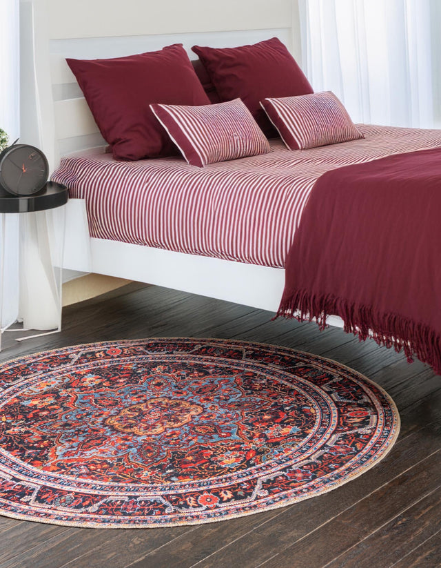 Washable Burgundy 7' 7 x 7' 7 Timeless Round Area Rug Easy to Clean Stain Resistant & Durable Traditional Classic Vintage Design Carpet for Sale at Rug Engine