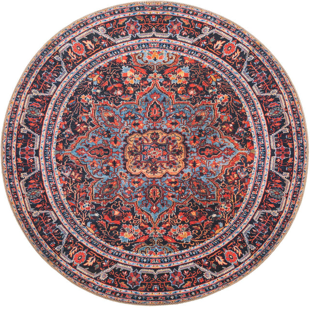 Washable Burgundy 5' x 5' Timeless Round Area Rug Easy to Clean Stain Resistant & Durable Traditional Classic Vintage Design Carpet for Sale at Rug Engine