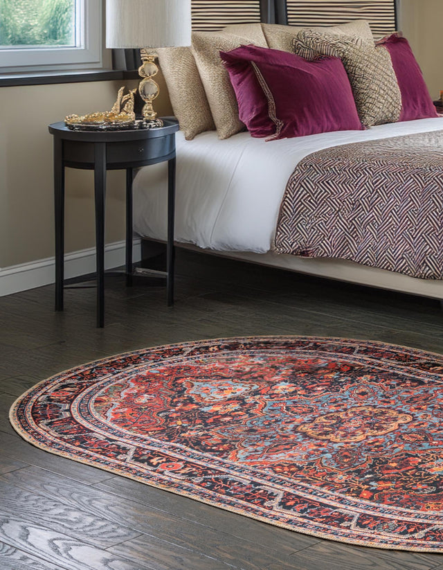 Washable Burgundy 5' x 8' Timeless Oval Area Rug Easy to Clean Stain Resistant & Durable Traditional Classic Vintage Design Carpet for Sale at Rug Engine